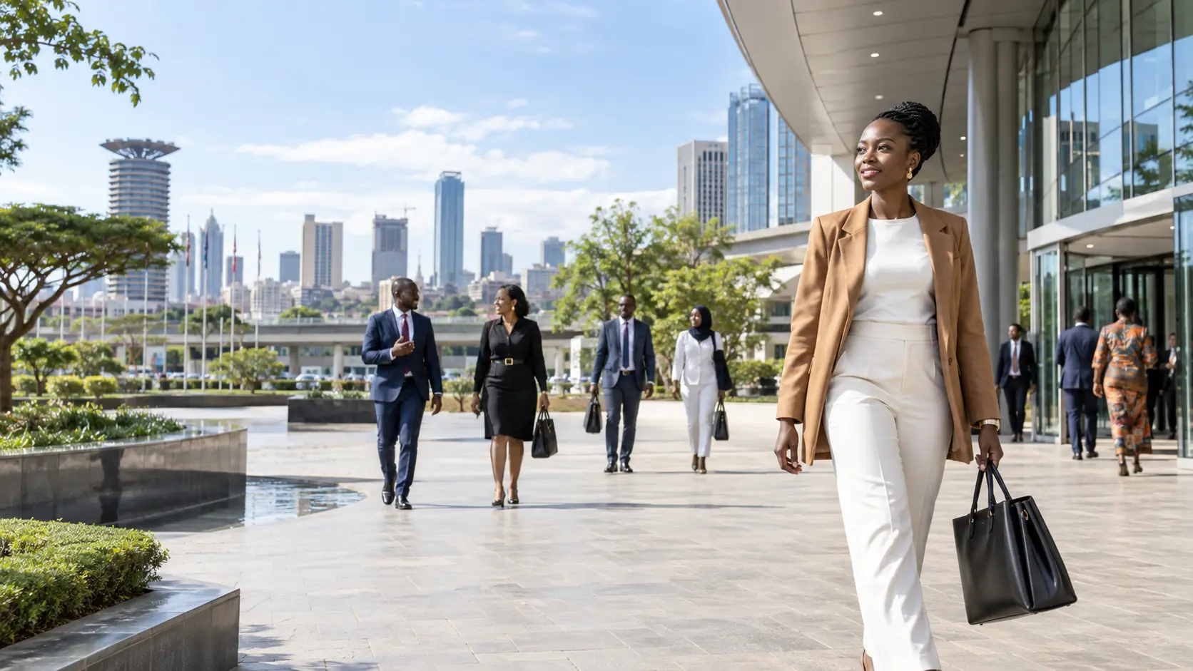 African delegates walking through a contemporary city setting